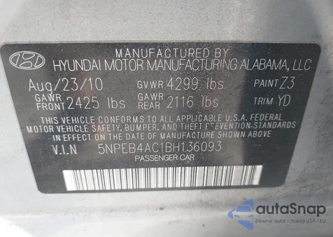 2011 Hyundai Sonata Gls from USA, damaged, VIN 5NPEB4AC1BH136093